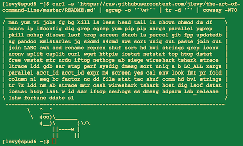 curl -s ‘https://raw.githubusercontent.com/jlevy/the-art-of-command-line/master/README.md‘ | egrep -o ‘\w+
‘ | tr -d ‘`’ | cowsay -W50