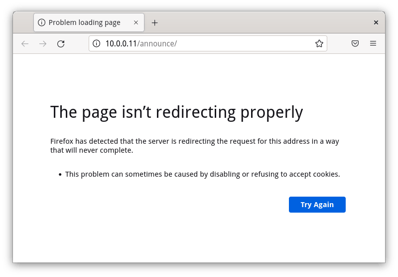 Redirect loop example in Firefox Redirect loop example in Firefox